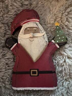 Primitives by Kathy Chunky Sitter Santa Holding Christmas Tree Wood Decor
